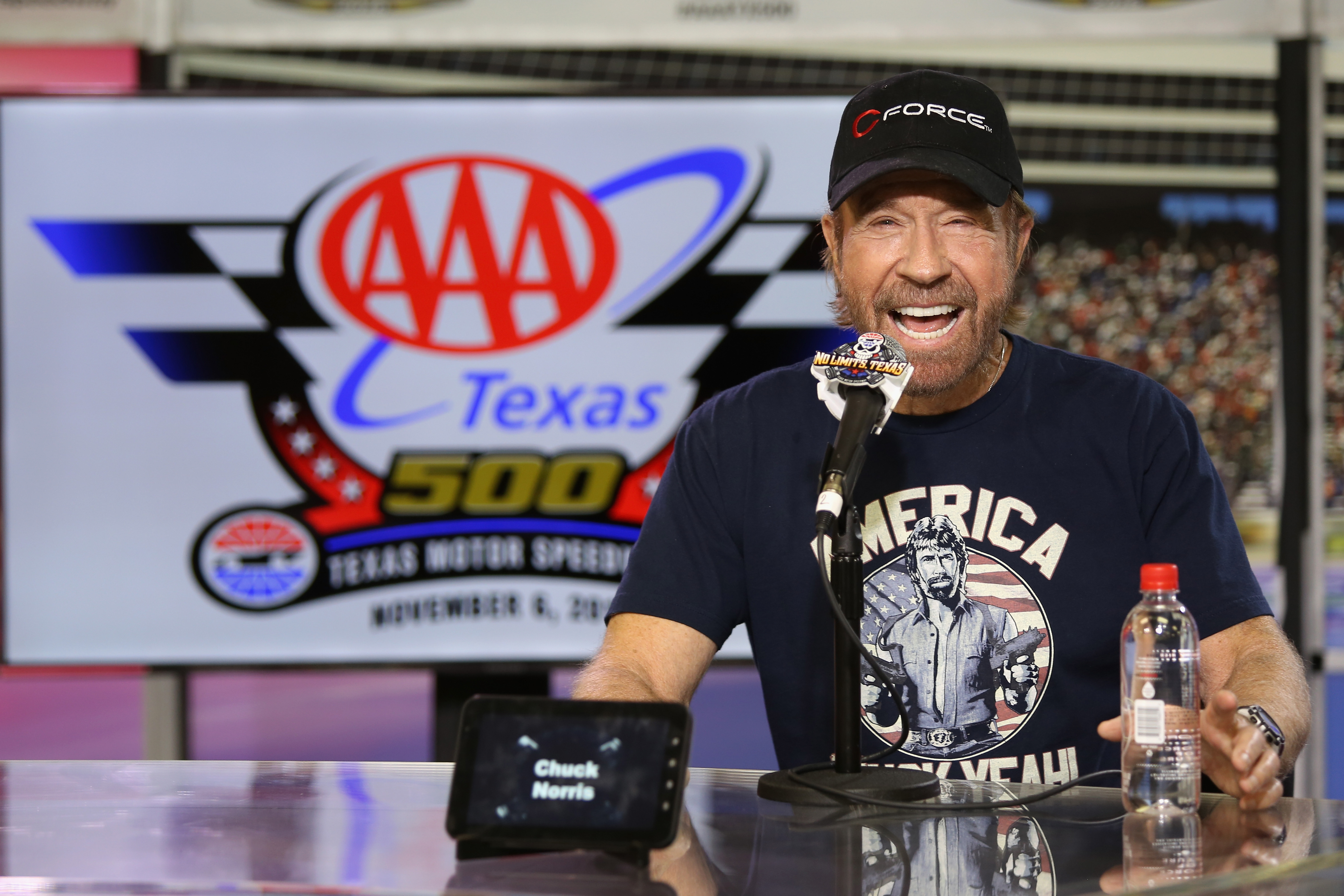 FORT WORTH, TX - NOVEMBER 06: Actor Chuck Norris speaks with the media during a press conference prior to the NASCAR Sprint Cup Series AAA Texas 500 at Texas Motor Speedway on November 6, 2016 in Fort Worth, Texas. (Photo by Jerry Markland/Getty Images)