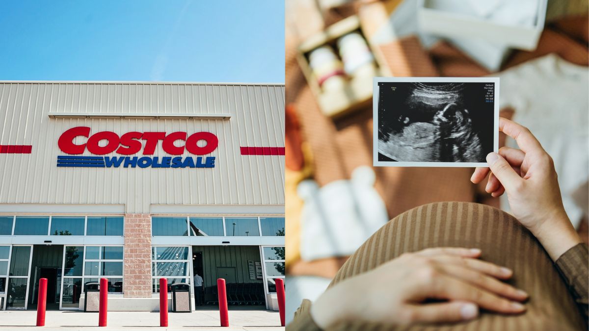 Outside of Costco Wholesale store next to a pregnant woman touching her belly and holding ultrasound picture after using fertility medication