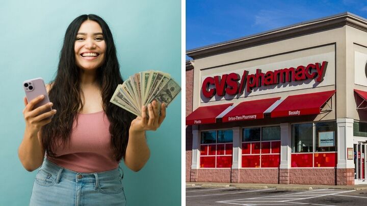 A woman holding her phone and cash next to a CVS pharmacty