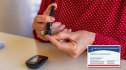 Close-up of a woman with diabetes using a blood sugar test with an inset of a Medicare card