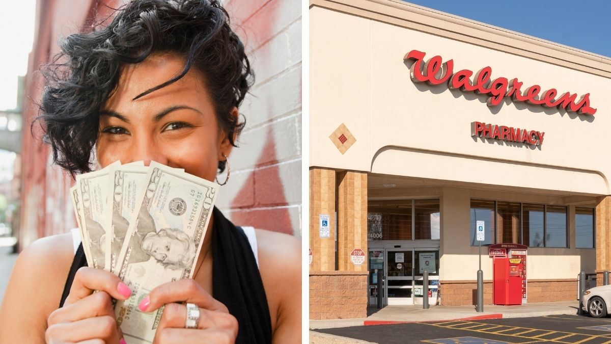 Smiling woman holding up cash; the front of a Walgreen's drugstore