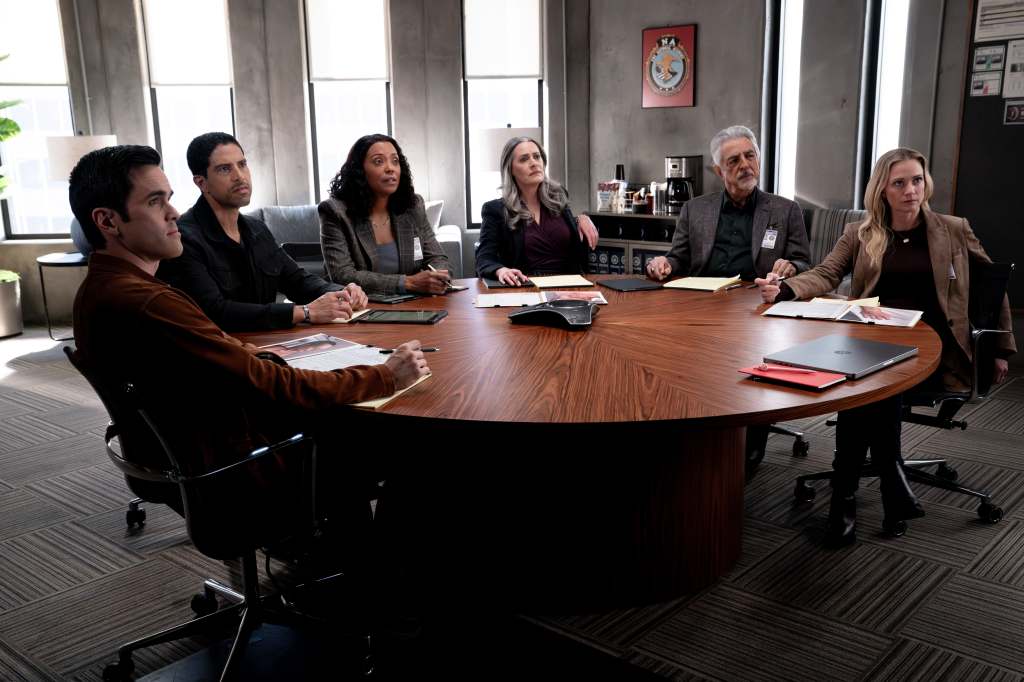 RJ Hatanaka as Tyler Green, Adam Rodriguez as Luke Alvez, Aisha Tyler as Dr. Tara Lewis, Paget Brewster as Emily Prentiss, Joe Mantegna as David Rossi and A.J. Cook as Jennifer ‘JJ’ Jareau in Criminal Minds: Evolution, 2025