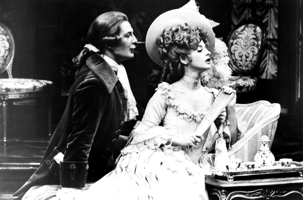 THE SCHOOL FOR SCANDAL, from left, David Ogden Stiers, Patti LuPone, City Center Acting Company, New York, 1972-73 