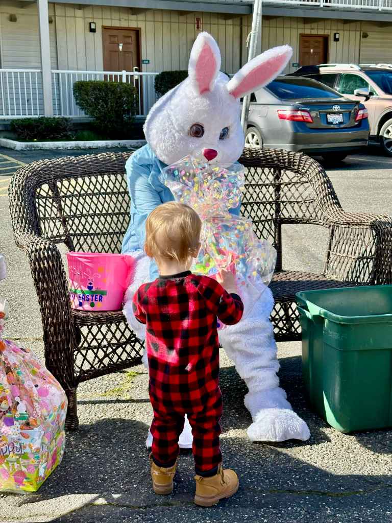 Riley, now 17, still poses in the Easter Bunny costume and gives easter baskets to homeless kids in need