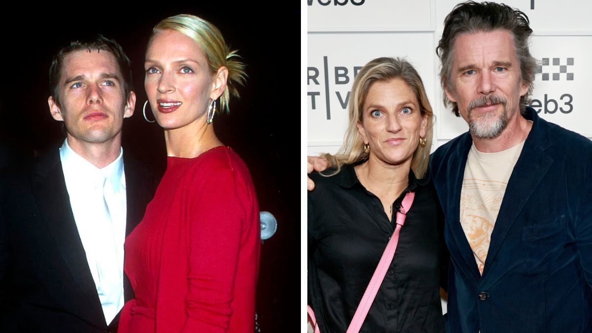 Left: Ethan Hawke and Uma Thurman in 2000; Right: Ethan and Ryan Hawke in 2025