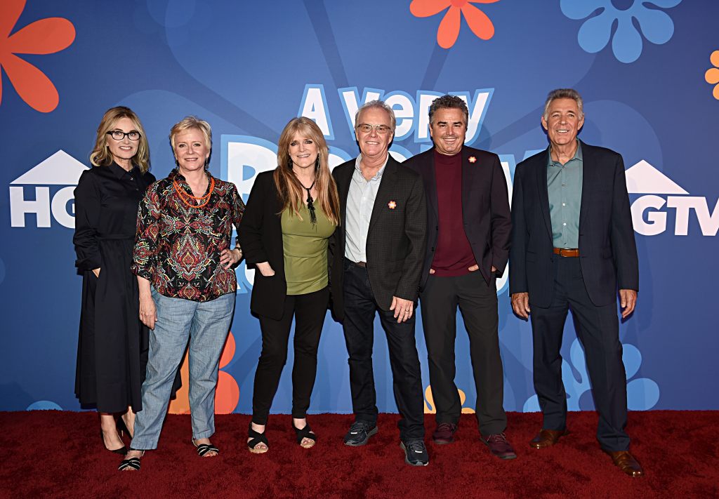 Maureen McCormick, Eve Plumb, Susan Olsen, Mike Lookinland, Christopher Knight and Barry Williams attend HGTV's 'A Very Brady Renovation' reception for Discovery, Inc.'s Summer 2019 TCA Tour at The Beverly Hilton Hotel on July 25, 2019 in Beverly Hills, California. 