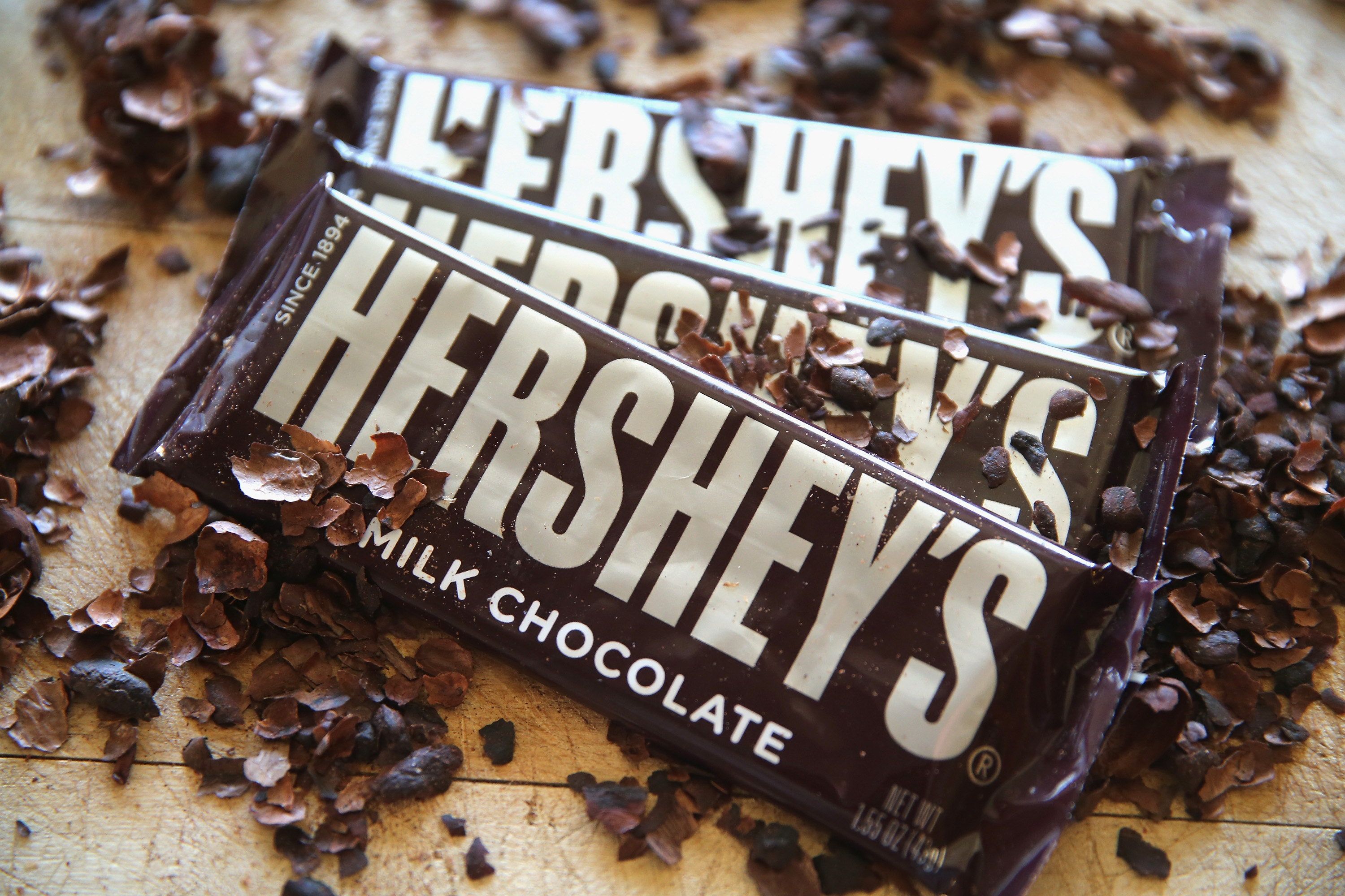 CHICAGO, IL - JULY 16: In this photo illustration, Hershey's chocolate bars are shown on July 16, 2014 in Chicago, Illinois. Hershey Co., the No.1 candy producer in the U.S., is raising the price of its chocolate by 8 percent due to the rising cost of cocoa. This is the company's fist price increase in three years. (Photo Illustration by Scott Olson/Getty Images)