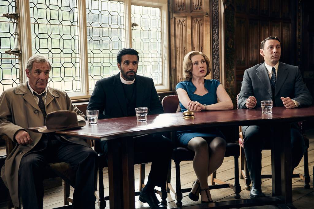Robson Green as Geordie Keating, Rishi Nair as Alphy Kottaram, Melissa Johns as Miss Scott, and Al Weaver as Leonard Finch, Grantchester Season 11, 2026