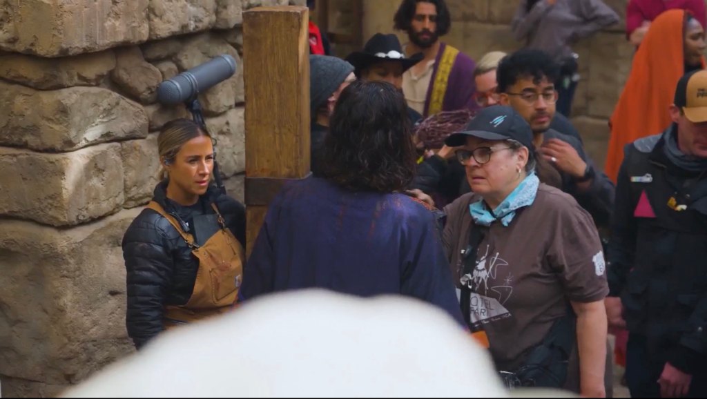 Jonathan Roumie during the scene where Jesus carries the cross in Season 6 of The Chosen