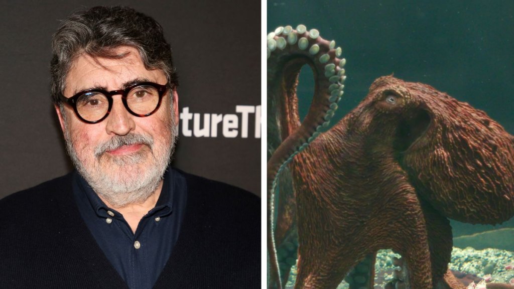 Left: Alfred Molina in 2025; Right: Marcellus the octopus