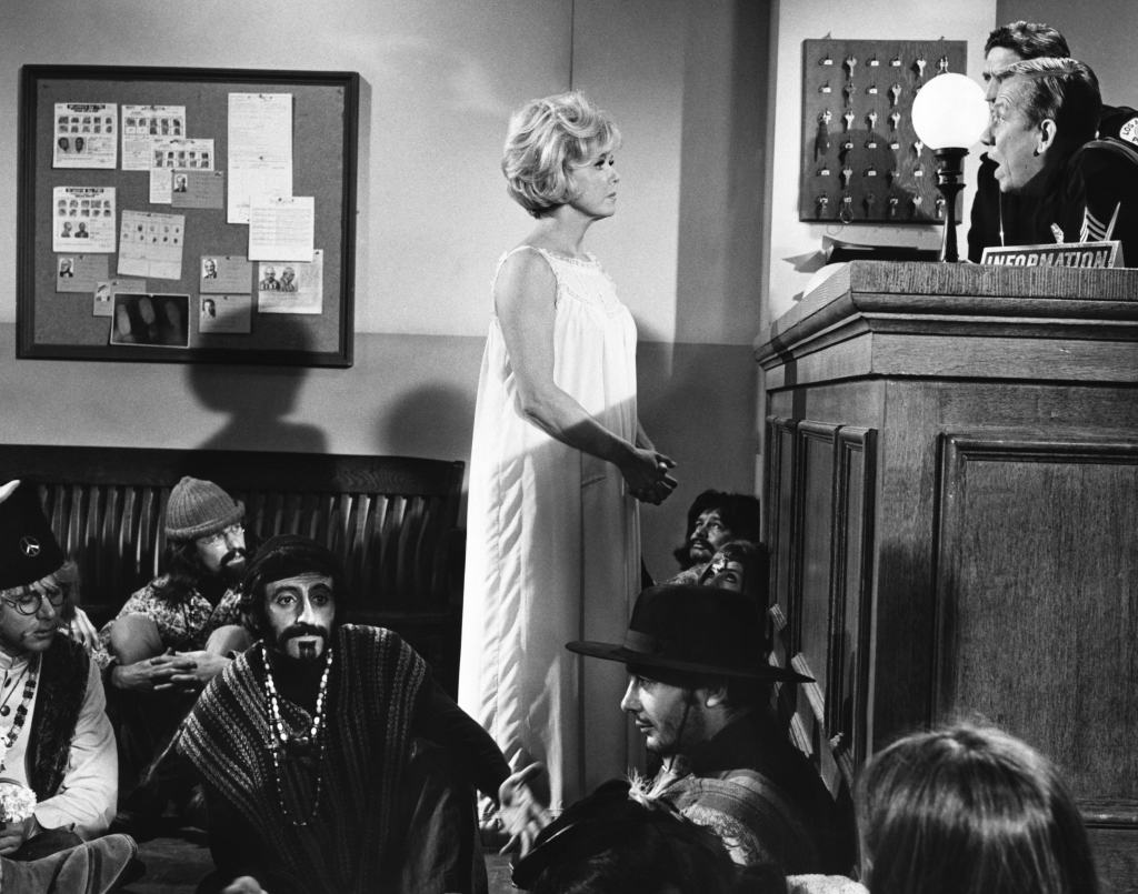 WITH SIX YOU GET EGGROLL, from left, Doris Day, Allan Melvin, (seated hippies include William Christopher, Jamie Farr), 1968