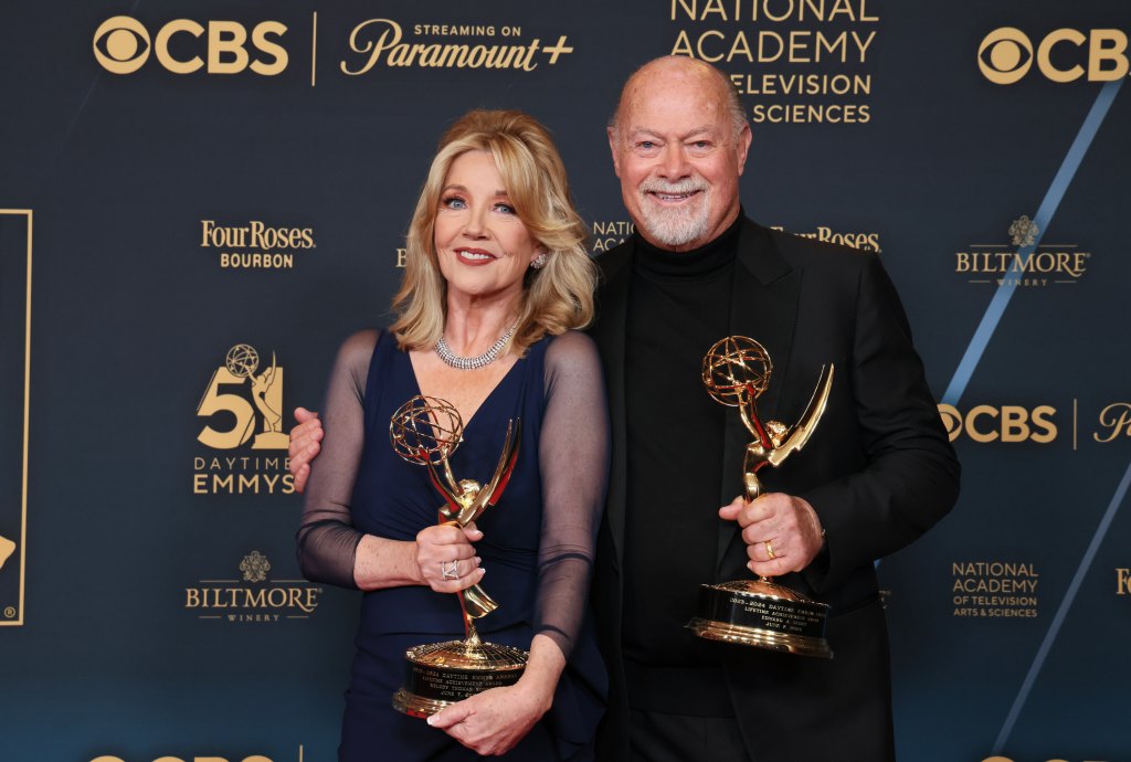 Melody Thomas Scott and Edward J. Scott with their Lifetime Achievement Daytime Emmy Awards in 2024