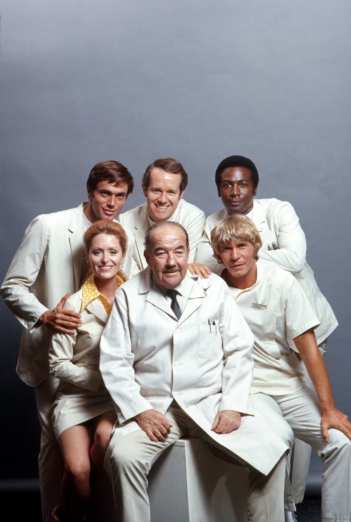 THE INTERNS, top from left: Stephen Brooks, Mike Farrell, Hal Frederick; bottom from left: Sandra Smith, Broderick Crawford, Christopher Stone, 1970-71. 