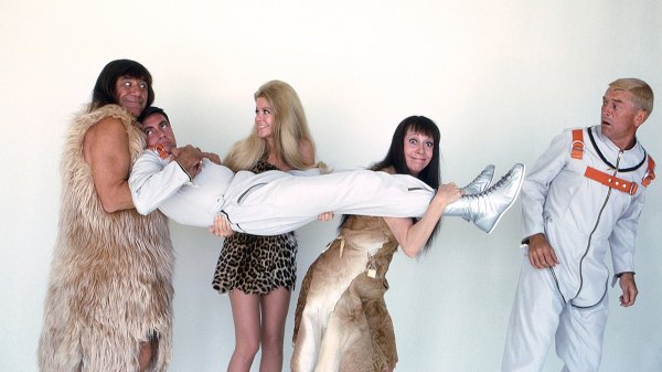 IT'S ABOUT TIME, from left: Joe E. Ross, Jack Mullaney (being carried), Mary Grace, Imogene Coca, Frank Aletter, 1966-67.
