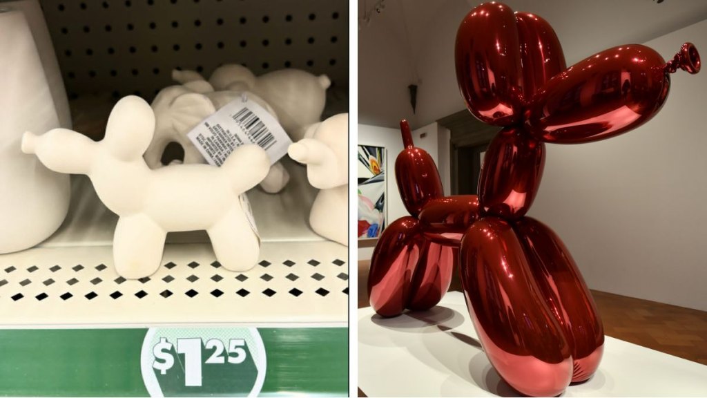 A small ceramic dog decor is seen side-by-side to artist Jeff Koon's big, famous balloon animal sculture.
