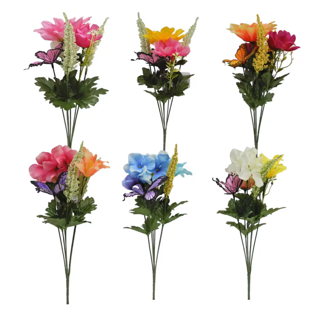 artificial flower bouquets at Dollar Tree with butterfly accents