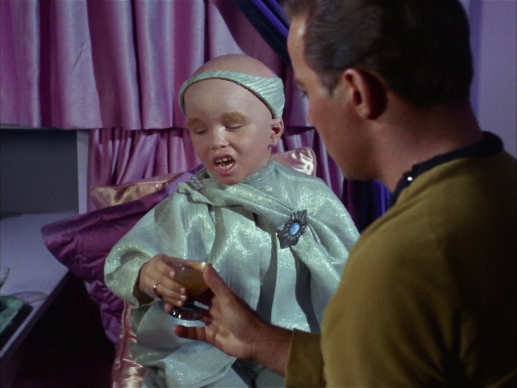 Clint Howard as Balok and William Shatner as Captain James T. Kirk in 'The Corbomite Maneuver'