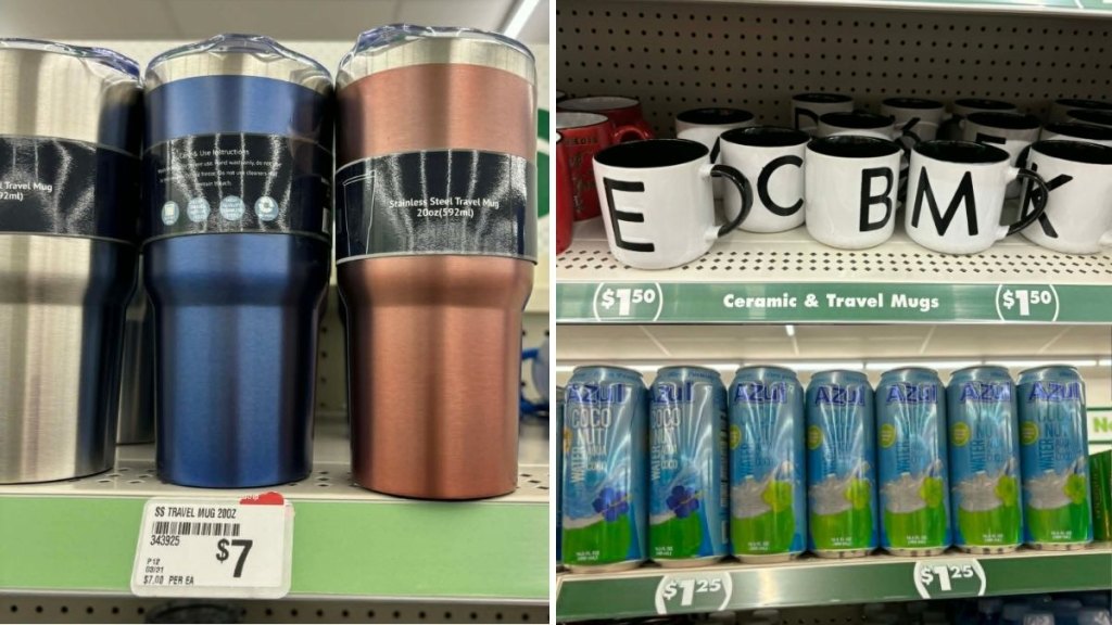 An assortment of Dollar Tree travel mugs, coffee mugs and coconut water beverages.