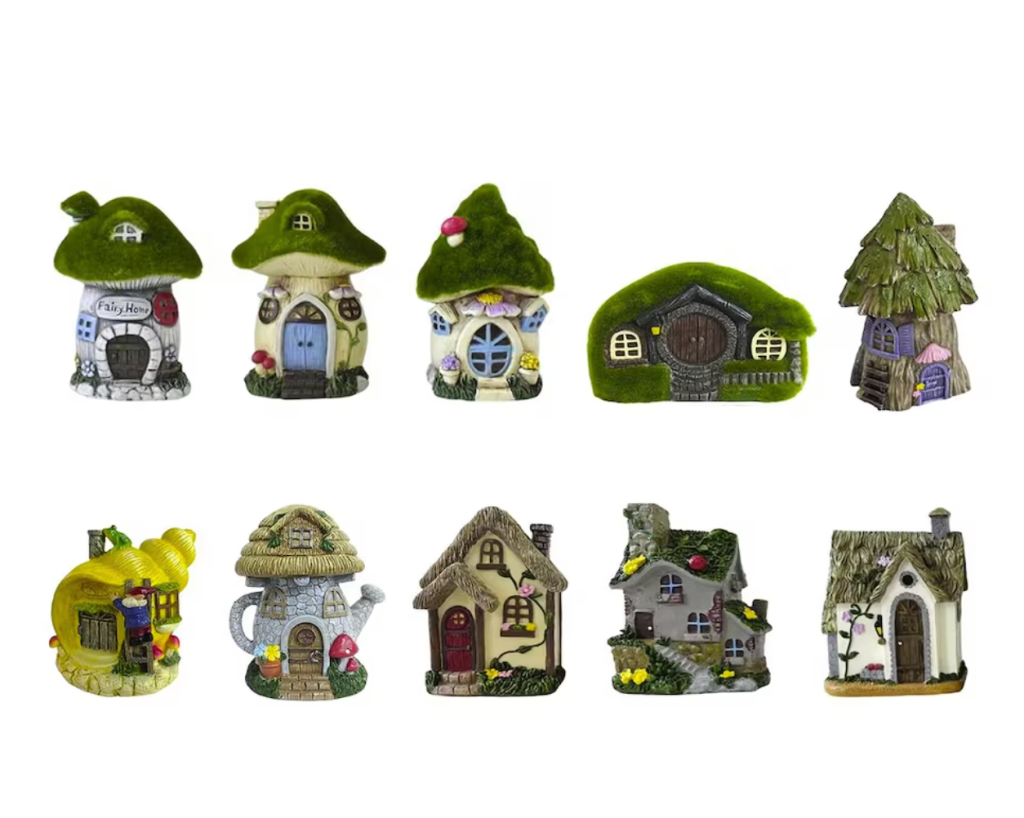 Images of assorted miniature garden fairy houses from Dollar Tree