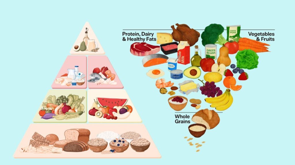 side by side of the old food pyramid and the new food pyramid