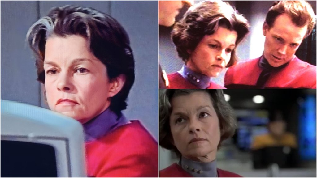 Three images of Genevieve Bujold as Janeway