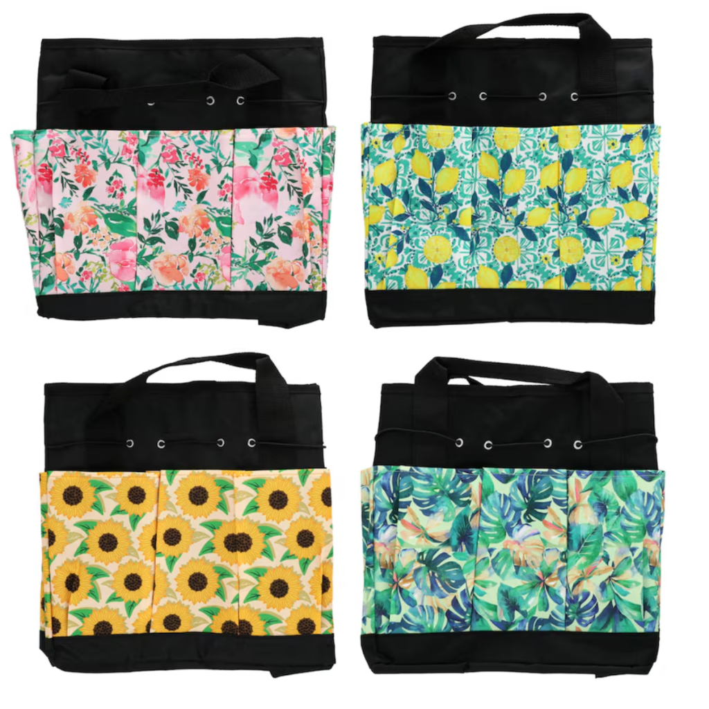Assorted garden totes from the Dollar Tree in botanical patterns