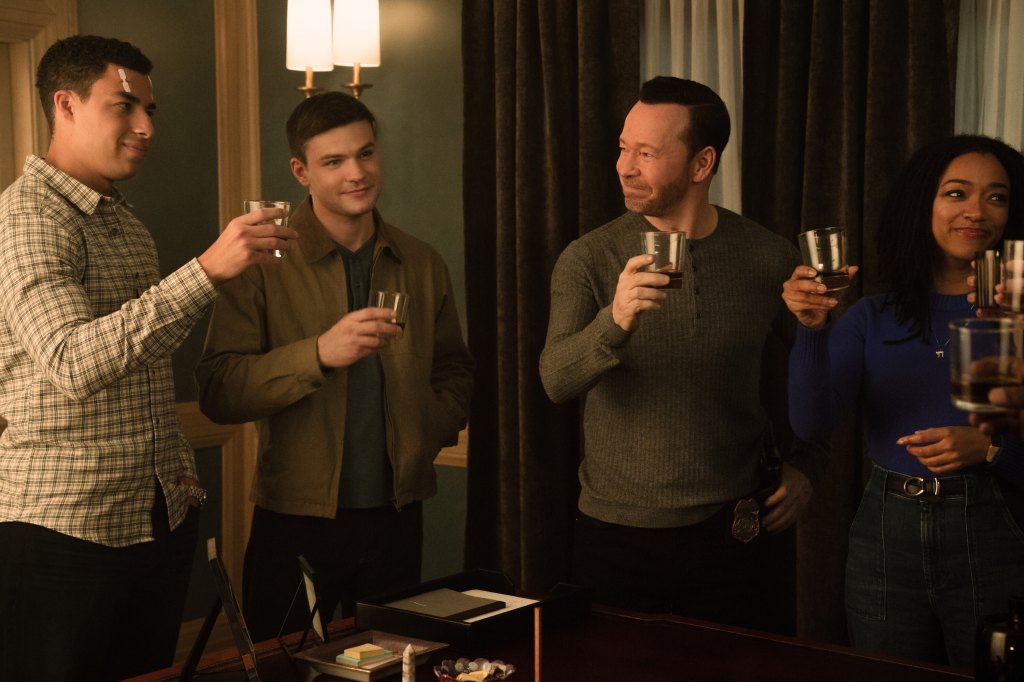 Marcus Scribner as Jonah Silver,Mika Amonsen as Sean Reagan, Donnie Wahlberg as Danny Reagan, and Sonequa Martin-Green as Lena Silver, Boston Blue, 2026