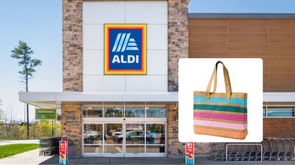 Aldi store with inset of beach tote