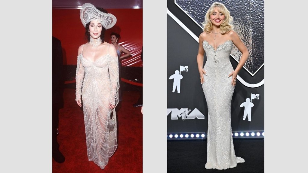 Singers Cher and Sabrina Carpenter are shown side by side in shimmery silver gowns.