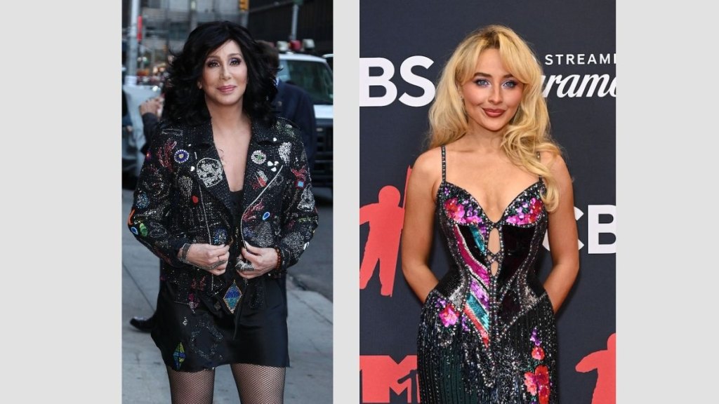 Singers Cher and Sabrina Carpenter appear side-by-side wearing colorful bedazzled outfits by Bob Mackie
