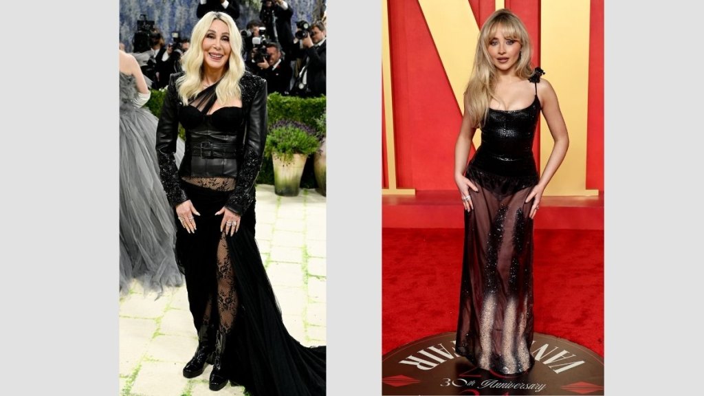 Singers Cher and Sabrina Carpenter are shown side-by-side wearing similar black sheer dresses.