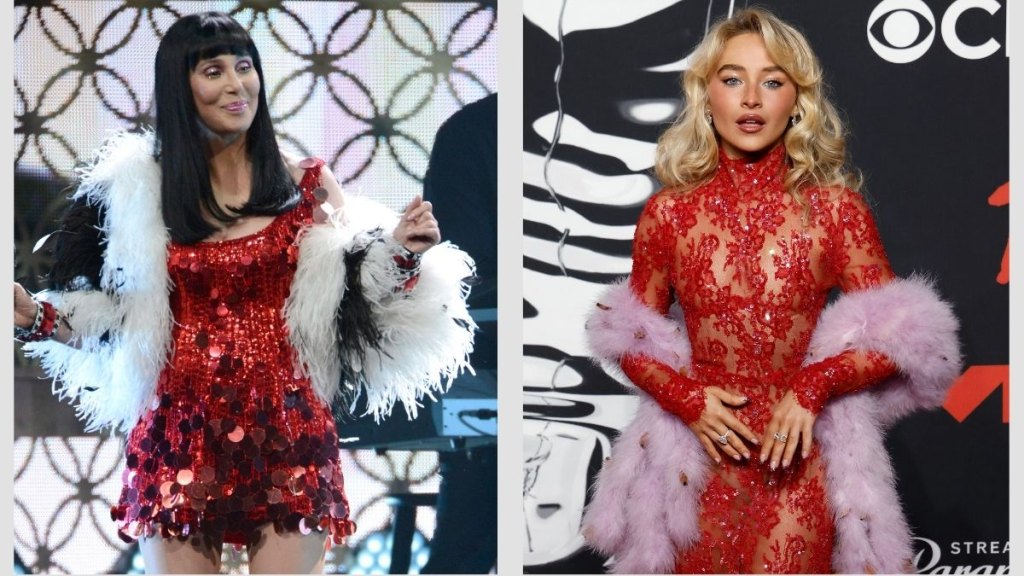 Singers Cher and Sabrina Carpenter wear similar feather boas with red dresses.