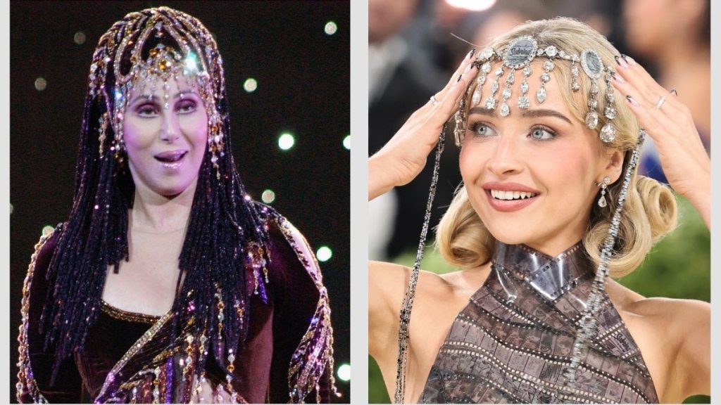 Singers Cher and Sabrina Carpenter are shown side-by-side wearing similar bejeweled headpieces.