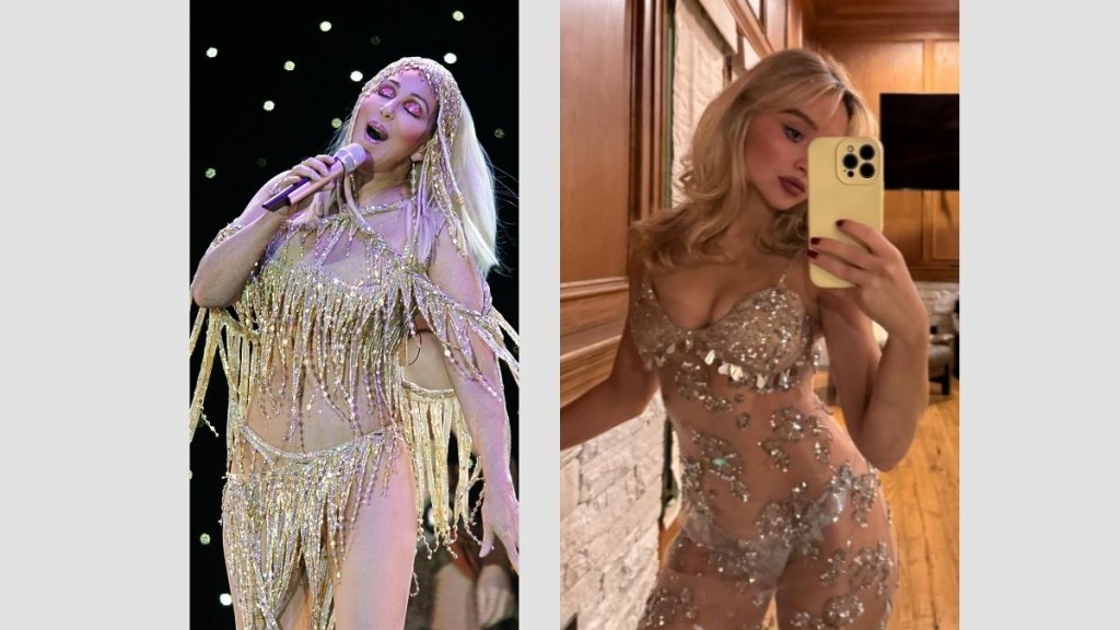 Singers Cher and Sabrina Carpenter are shown side-by-side wearing similar see-through illusion dresses.