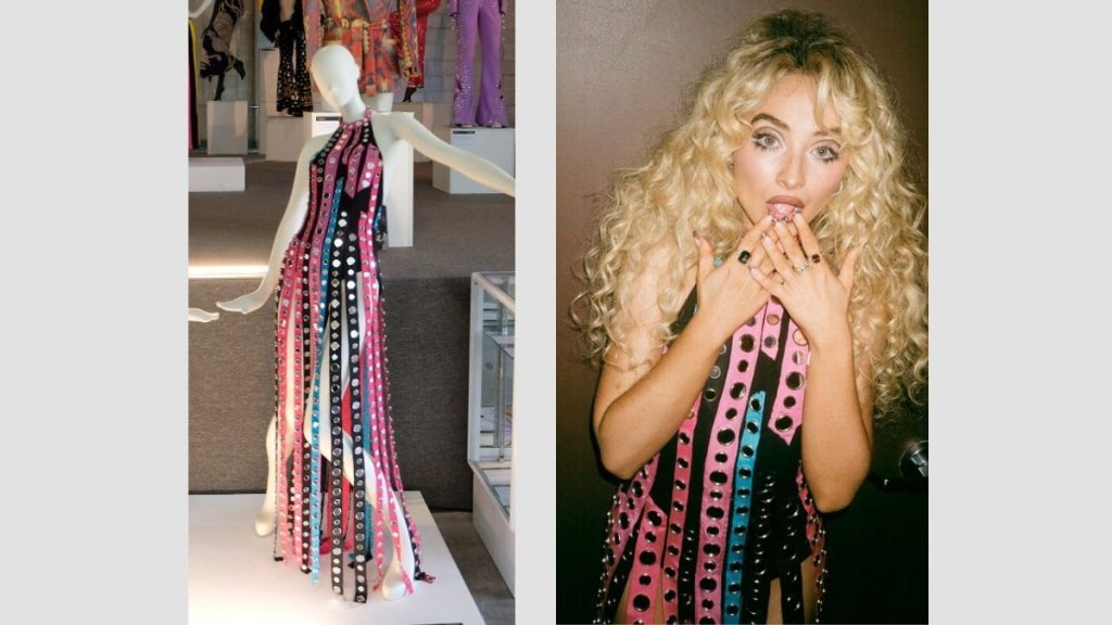 Side-by-side of Cher's dress from 1975 and Sabrina Carpenter wearing it in 2025