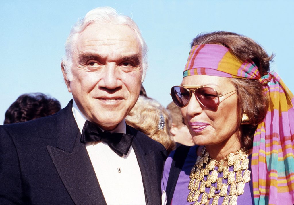 Lorne Greene with his wife actress Nancy Deale attend the 35th Annual Primetime Emmy Awards held at the Pasadena Civic Auditorium on September 25, 1983 in Pasadena, California. 