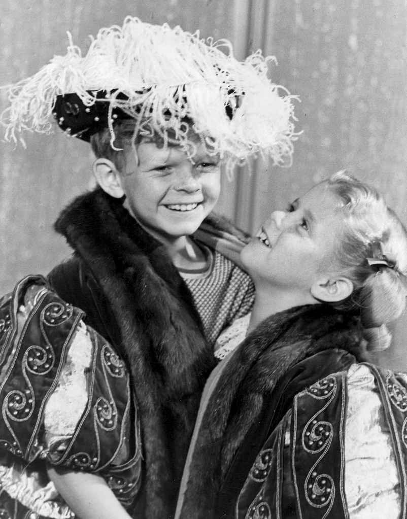 Anissa Jones and Johnny Whitaker during filming of the television show 'Family Affair,' wearing royal outfits and smiling, March 28, 1969.