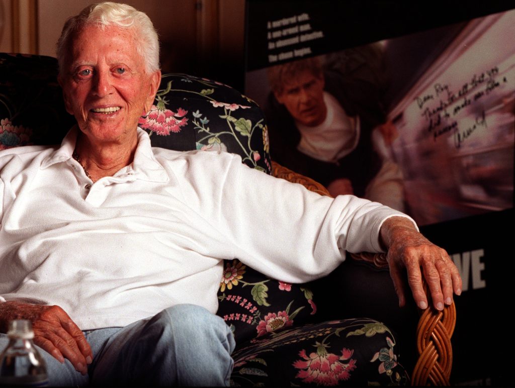 Veteran producer Roy Huggins, who was creator of original "Fugitive" series in his pool house on 07/19/2000 with "The Fugitive" movie poster in background. 