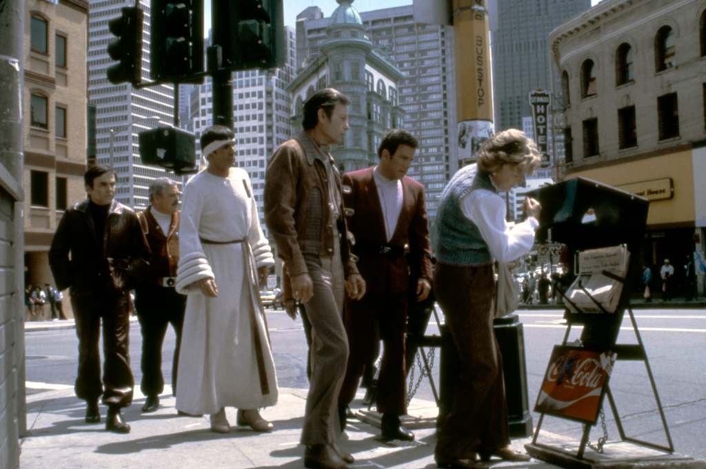 William Shatner and American DeForest Kelley with actor and director Leonard Nimoy on the set of his movie Star Trek IV: The Voyage Home. 