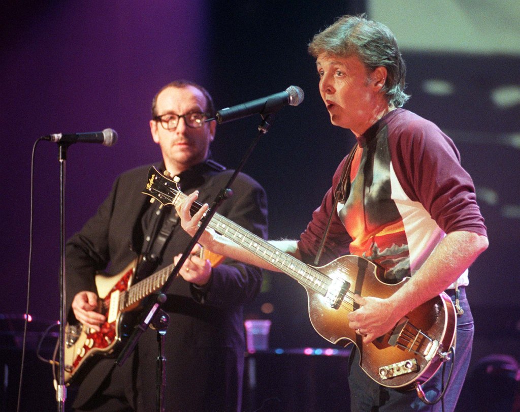 Elvis Costello (L) and Sir Paul McCartney perform during Here, There and Everywhere, A Concert for Linda McCartney, at London's Royal Albert Hall. 