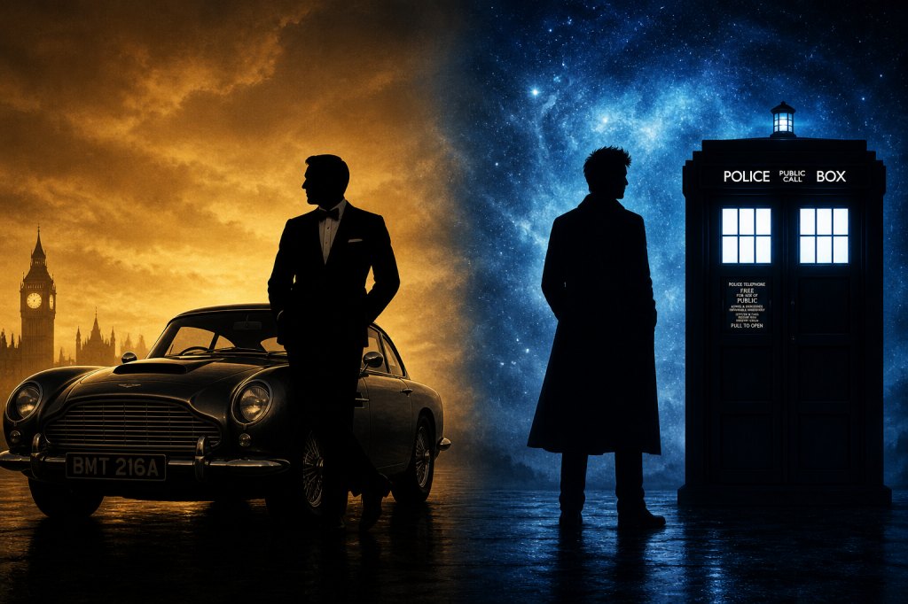 Silhouettes of James Bond with the Aston Martin and Doctor Who with the TARDIS