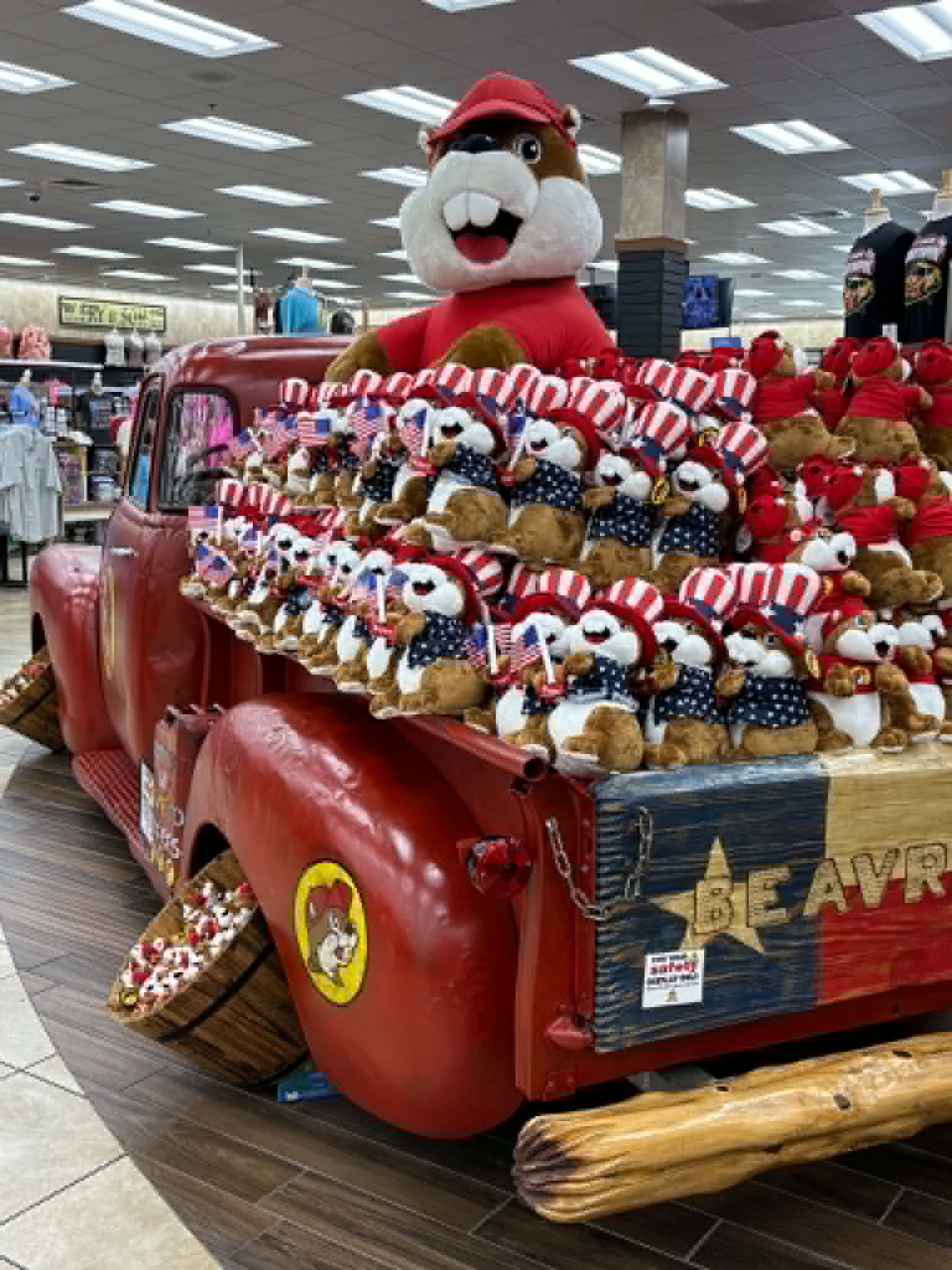 Truck with Buc-ee's plush toys