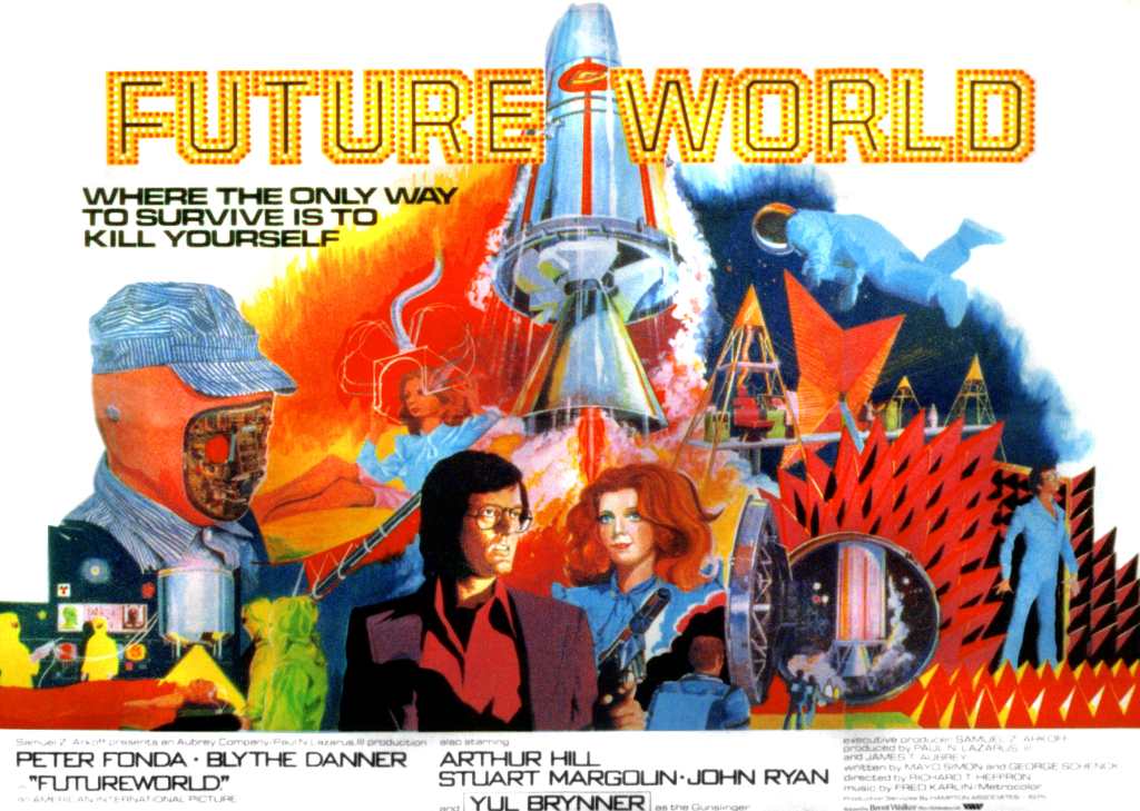 FUTUREWORLD, center, from left: Peter Fonda, Blythe Danner, 1976