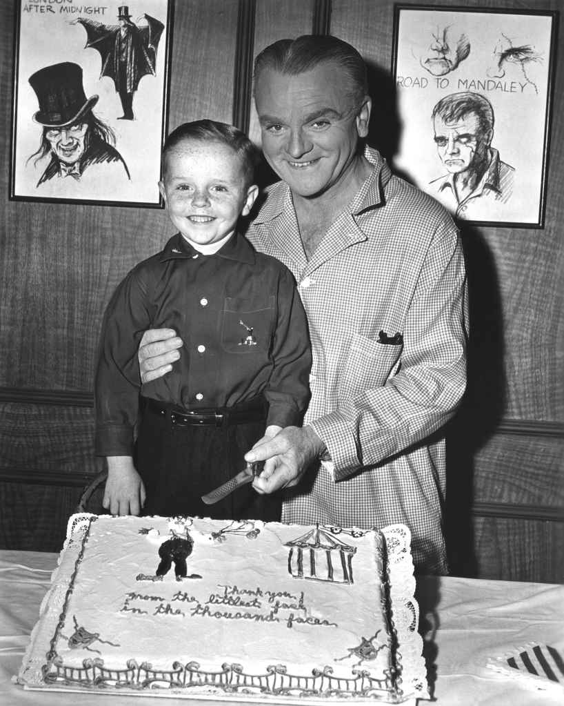 MAN OF A THOUSAND FACES, Dennis Rush, James Cagney, at on-set party, 1957