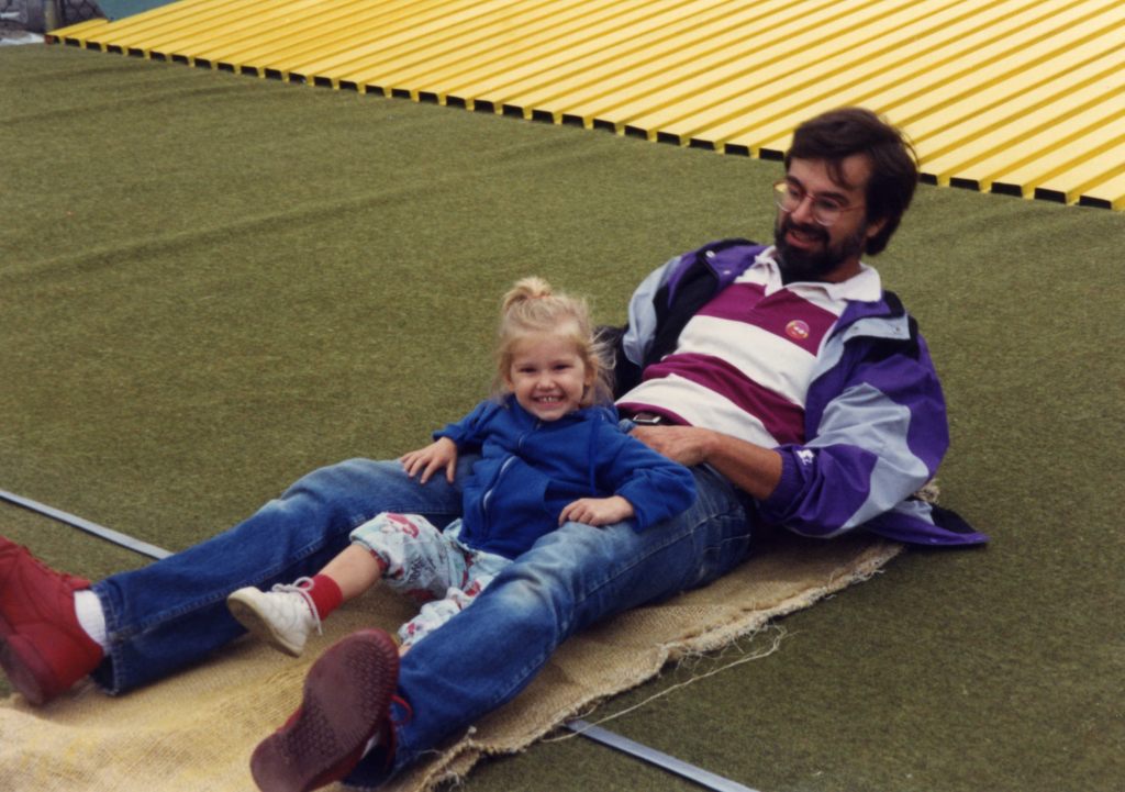 Her love for the fair was passed down from her father, here together on the fair’s Giant Slide in 1994