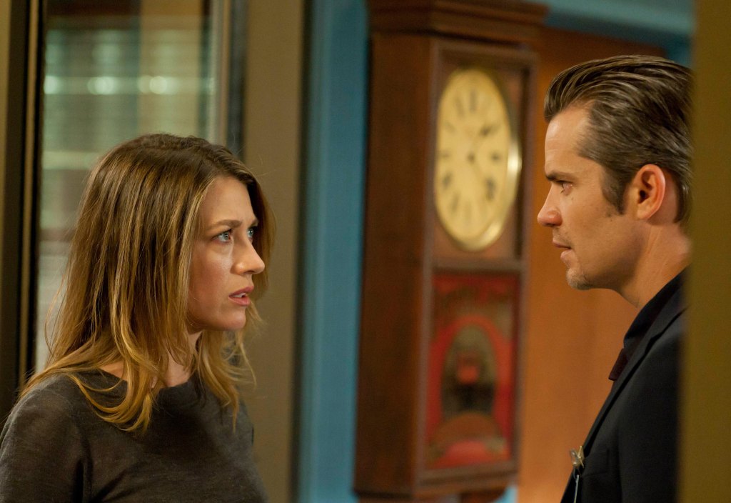 JUSTIFIED, (from left): Natalie Zea, Timothy Olyphant, 'Watching The Detectives', (Season 3, ep. 308, aired March 6, 2012), 