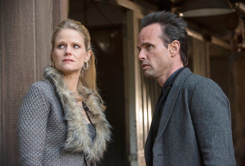 JUSTIFIED, l-r: Joelle Carter, Walton Goggins in 'Get Drew' (Season 4, Episode 10, aired March 12, 2013)