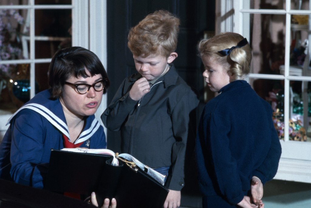 FAMILY AFFAIR, children, from left, Johnny Whitaker, Anissa Jones, on-set with the script girl, 1966-71.