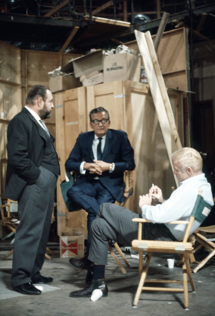 FAMILY AFFAIR, from left, Sebastian Cabot, producer Don Fedderson, Brian Keith, on-set, 1966-71.