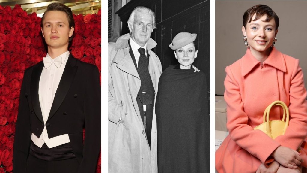Left: Ansel Elgort in 2022; Middle: Hubert De Givenchy and Audrey Hepburn in 1978; Right: Thomasin McKenzie in 2026